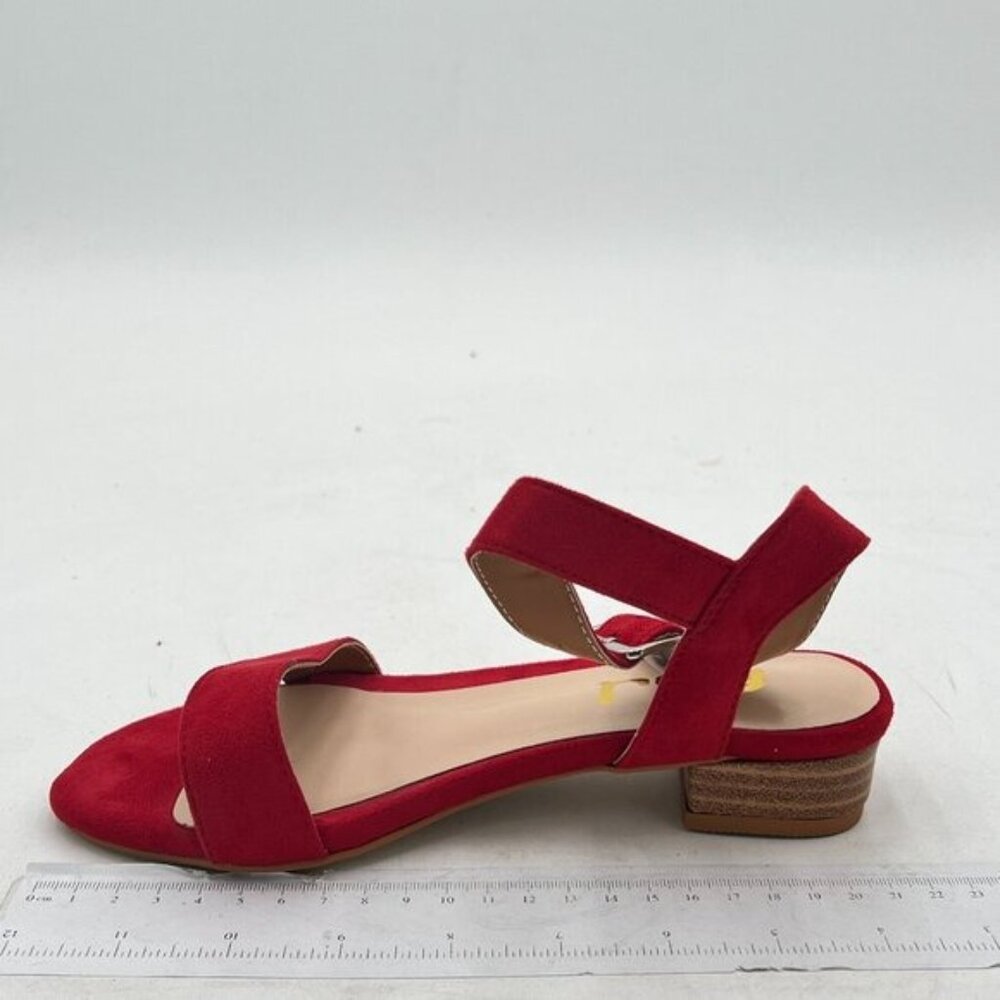 FSJ Red Suede Open Toe Block Low Heel Ankle Strap Sandals Comfort Summer Shoes - Picture 2 of 8